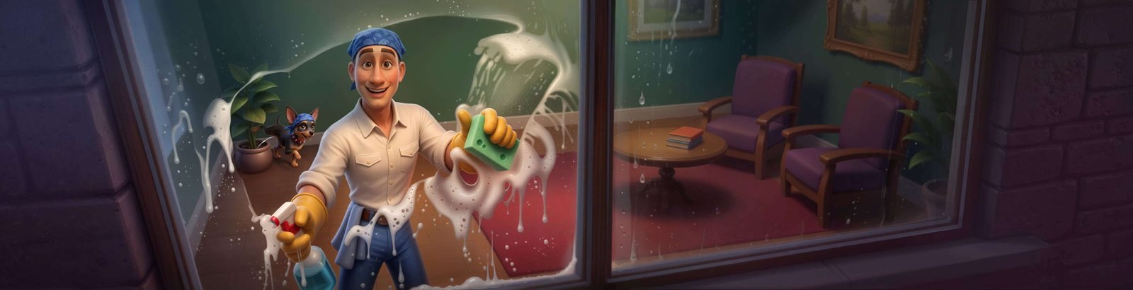 Casoola staff member cleaning a window in the lobby